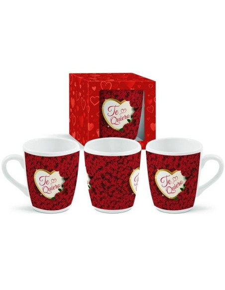 Taza de cerámica blanca estampada con fondo de rosas rojas y medallón con la frase Te quiero