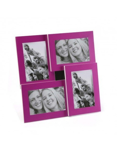 Portafotos múltiple morado de aluminio con cuatro espacios para fotografías.