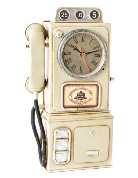 Reloj de sobremesa con forma de teléfono vintage beige y acabado de metal envejecido.