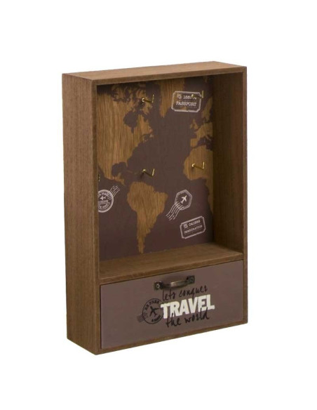 Colgador de llaves Atlas de madera con mapa del mundo, 6 ganchos y cajón inferior.