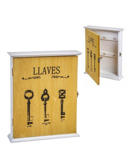 Guardallaves de madera con puerta amarilla decorada con tres llaves antiguas y colgadores interiores.