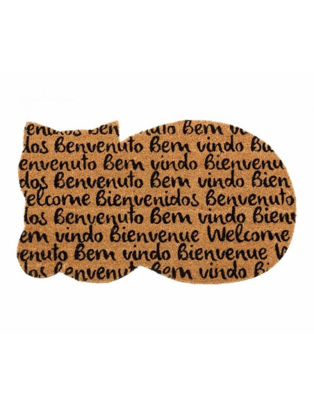 Felpudo con forma de gato y palabras de bienvenida en varios idiomas.