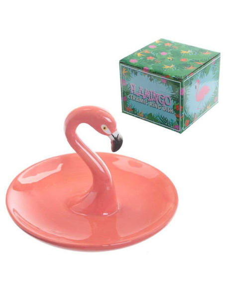 Anillero de cerámica rosa con forma de flamenco para guardar anillos y pequeñas joyas.