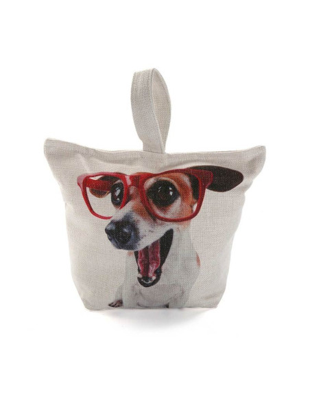 Sujetapuertas de tela con diseño de perro sonriente y gafas rojas.