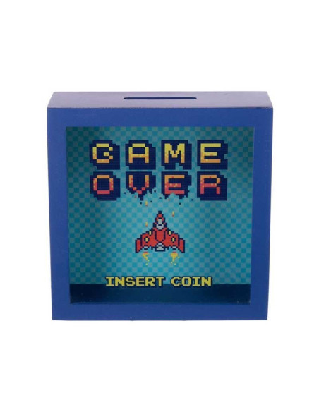 Hucha marco de madera azul con frontal de cristal transparente e impresión retro Game Over Insert Coin sobre fondo blanco