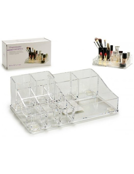 Organizador de maquillaje acrílico transparente con 14 compartimentos de diferentes tamaños.