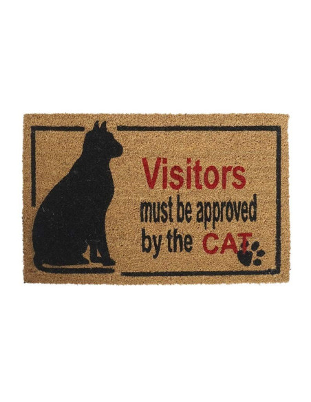 Felpudo con silueta de gato y frase Visitors must be approved by the cat.