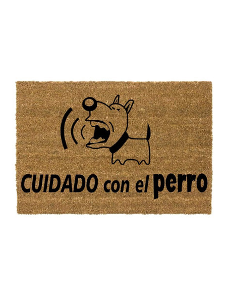 Felpudo de coco con dibujo de perro gruñón y frase Cuidado con el perro.