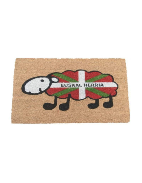 Felpudo de fibra de coco natural con el dibujo de una oveja con la bandera de la Ikurrina vasca y el texto Euskal Herria