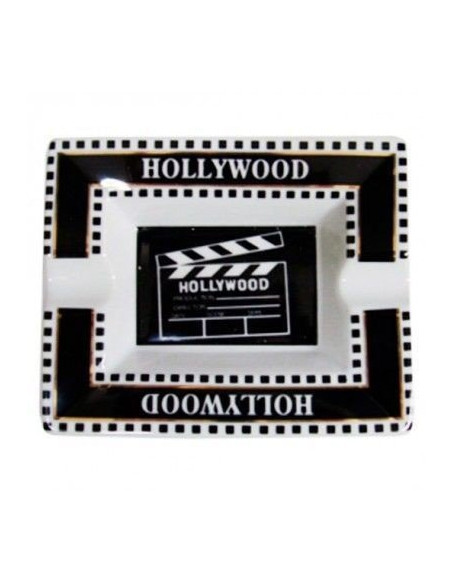 Cenicero de cerámica blanco y negro con diseño Hollywood, claquetas y fotogramas de cine.