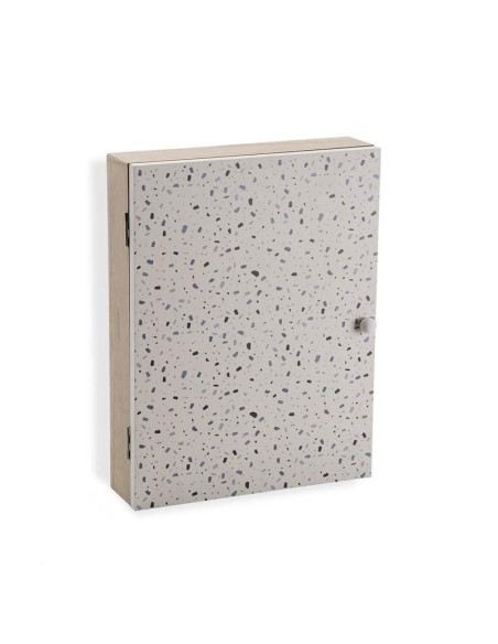 Caja guardallaves de madera MDF con puerta decorada con diseño efecto terrazo en tonos grises.