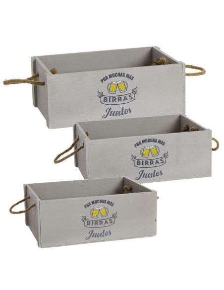 Set de tres cajas de madera con asas y diseño cervecero Por muchas más birras juntos.