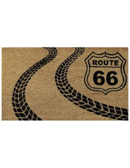 Felpudo con diseño Ruta 66, escudo americano y huellas de neumáticos.