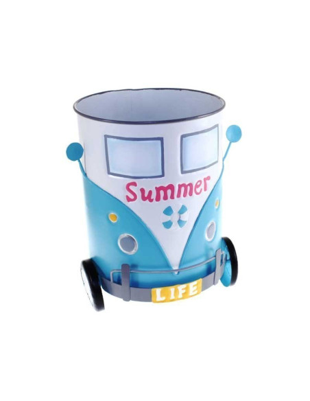 Papelera metálica azul y blanca con diseño inspirado en Camper Van.