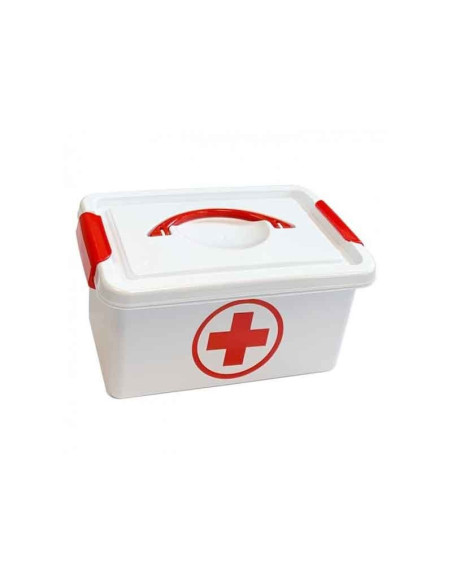 Botiquín blanco de PVC con cruz roja frontal y asa superior.