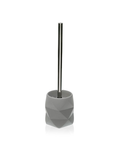 Escobillero de baño gris de resina con mango metálico.