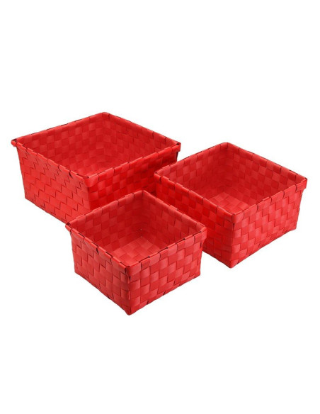 Set de tres cestas trenzadas de color rojo en distintos tamaños.
