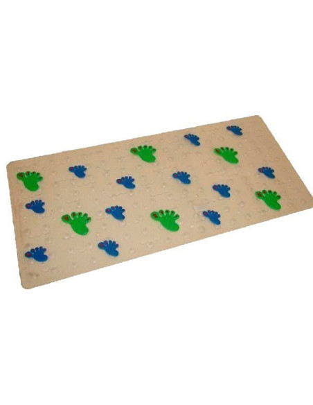 Alfombra antideslizante para ducha o bañera con diseño de pies verdes y azules.