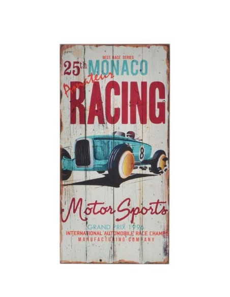 Cuadro de madera vintage Motor Sports con coche de carreras clásico.