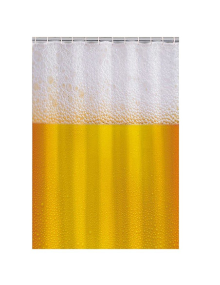 Cortina de ducha de PVC con diseño de vaso de cerveza con espuma y medidas de 180 x 180 cm.