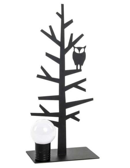 Organizador de joyas negro de metal con estructura tipo árbol y luz LED magnética.