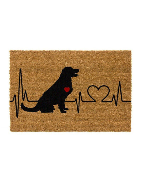 Felpudo de fibra de coco con silueta de Golden Retriever, corazón rojo y línea de latido.
