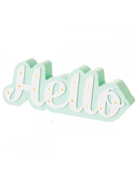 Figura decorativa de madera con la palabra Hello en verde y blanco y luces LED.