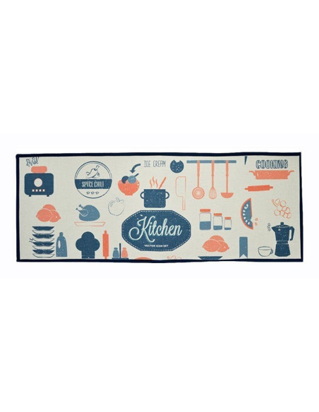 Original alfombra decorada con utensilios de cocina.