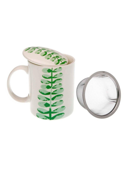 Taza tisanera de cerámica blanca con estampado de hojas verdes con tapa a juego y filtro metálico para té