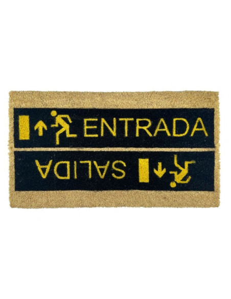 Felpudo de coco negro y amarillo con palabras Entrada y Salida, flechas y pictogramas.
