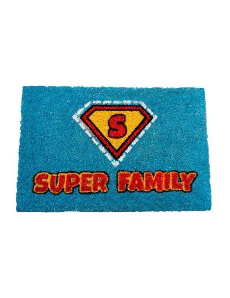 Felpudo azul Super Family con emblema estilo superhéroe en rojo y amarillo.