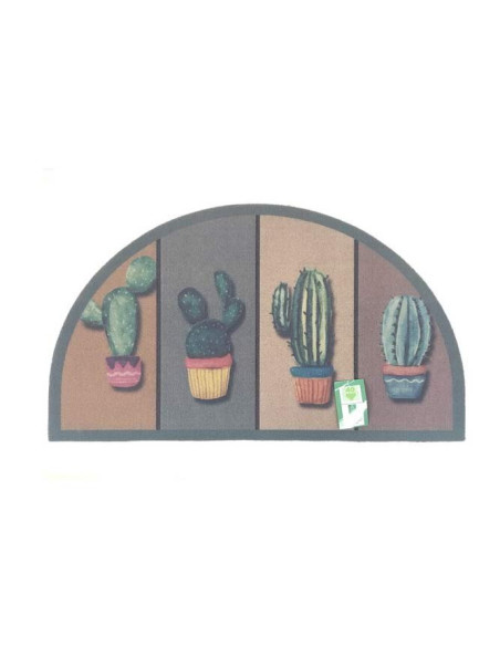Felpudo ecológico semicircular con diseño de cactus en macetas y base antideslizante.