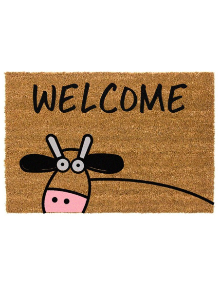 Felpudo de fibra de coco con vaca asomándose y palabra Welcome.