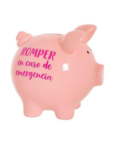 Hucha de cerámica de color rosa con forma de cerdito y la frase Romper en caso de emergencia estampada en el lateral