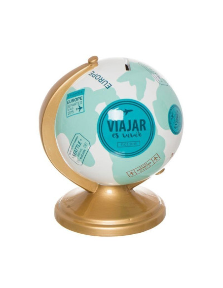 Hucha de cerámica con forma de bola del mundo y frase Viajar es Vivir.