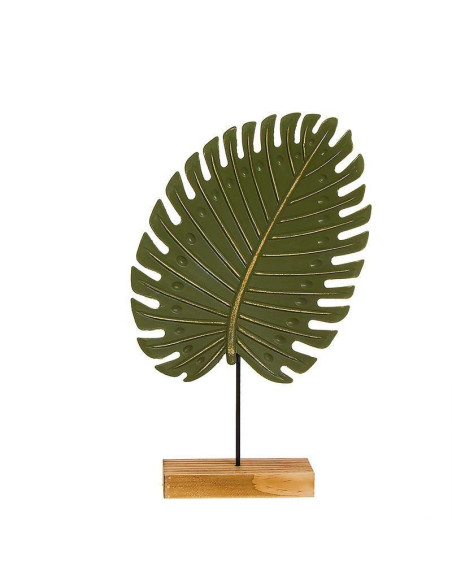 Figura decorativa de madera con forma de hoja verde sobre peana.