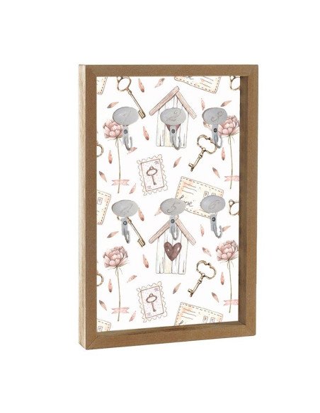 Colgador de llaves de madera MDF con diseño vintage de cartas, sellos, flores y 6 ganchos numerados.