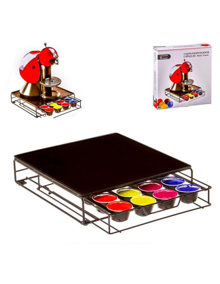 Caja metálica organizadora para 20 cápsulas tipo Dolce Gusto con bandeja superior.