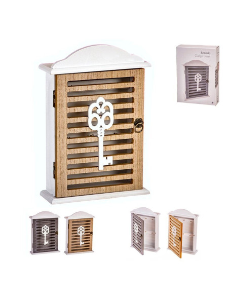Caja guardallaves de madera con puerta, 6 colgadores interiores y acabado en beige.