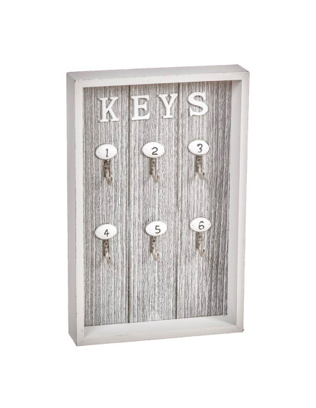 Colgador de llaves de madera con la palabra Keys y 6 ganchos numerados.