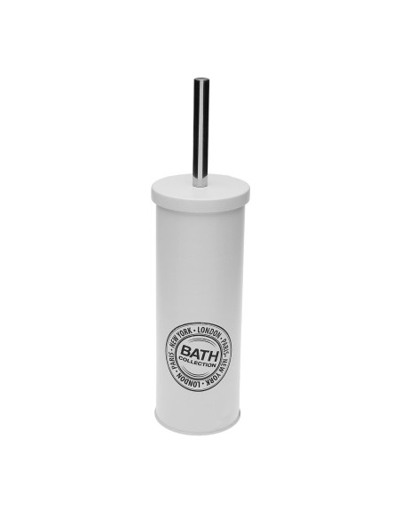 Escobillero blanco de acero con escobilla negra y diseño Bath.