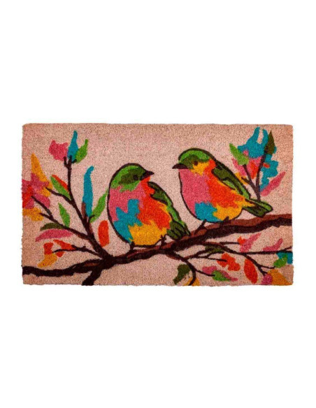 Felpudo grande de fibra de coco con dos pájaros de colores sobre una rama y base de PVC antideslizante.