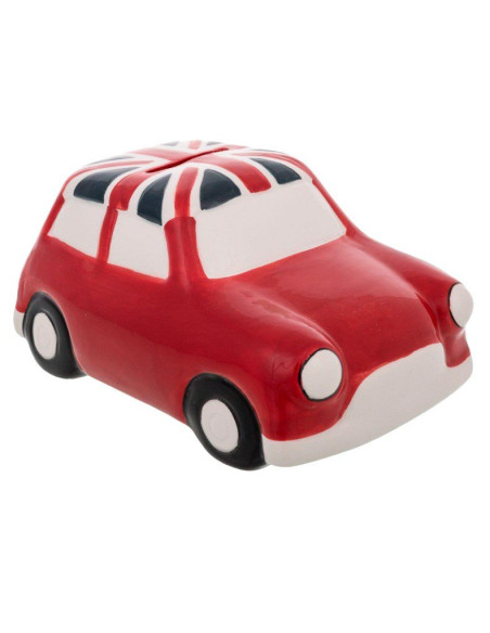 Hucha de porcelana con forma de coche Mini rojo y techo decorado con la bandera británica.