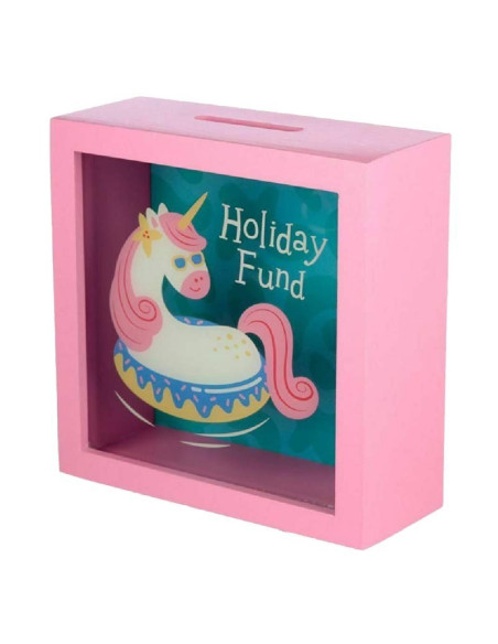 Hucha marco de madera de color rosa con frontal de cristal ilustrado con un unicornio y el texto Holiday Fund sobre fondo blanco