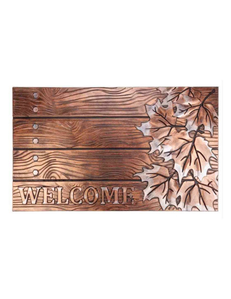 Felpudo con diseño efecto madera, hojas otoñales y palabra Welcome.