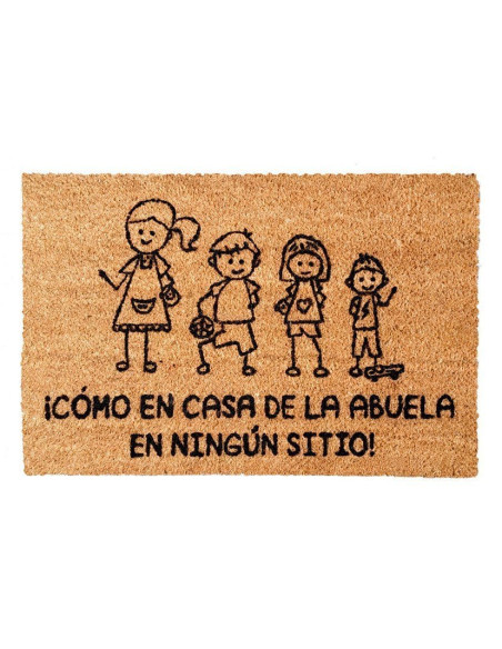 Felpudo de fibra de coco con ilustración familiar y frase Como en casa de la abuela en ningún sitio.