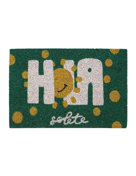 Felpudo verde de fibra de coco con la palabra Hola y la ilustración de un sol sonriente en el centro sobre base antideslizante