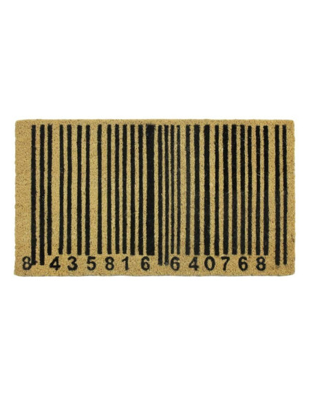Felpudo de coco con diseño de código de barras en negro.