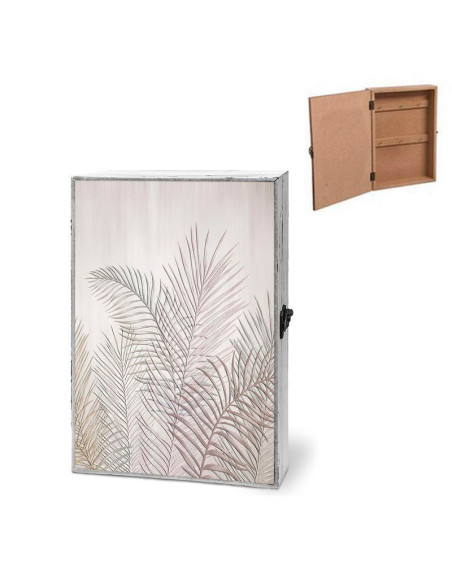 Caja guardallaves de madera con puerta decorada con hojas y 6 colgadores interiores.