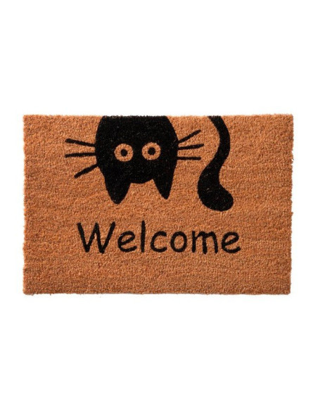 Felpudo de coco con gato negro y palabra Welcome.